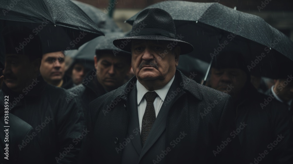 Obraz premium Funeral of a mafia boss. Sad faces. Mourning. People dressed in black