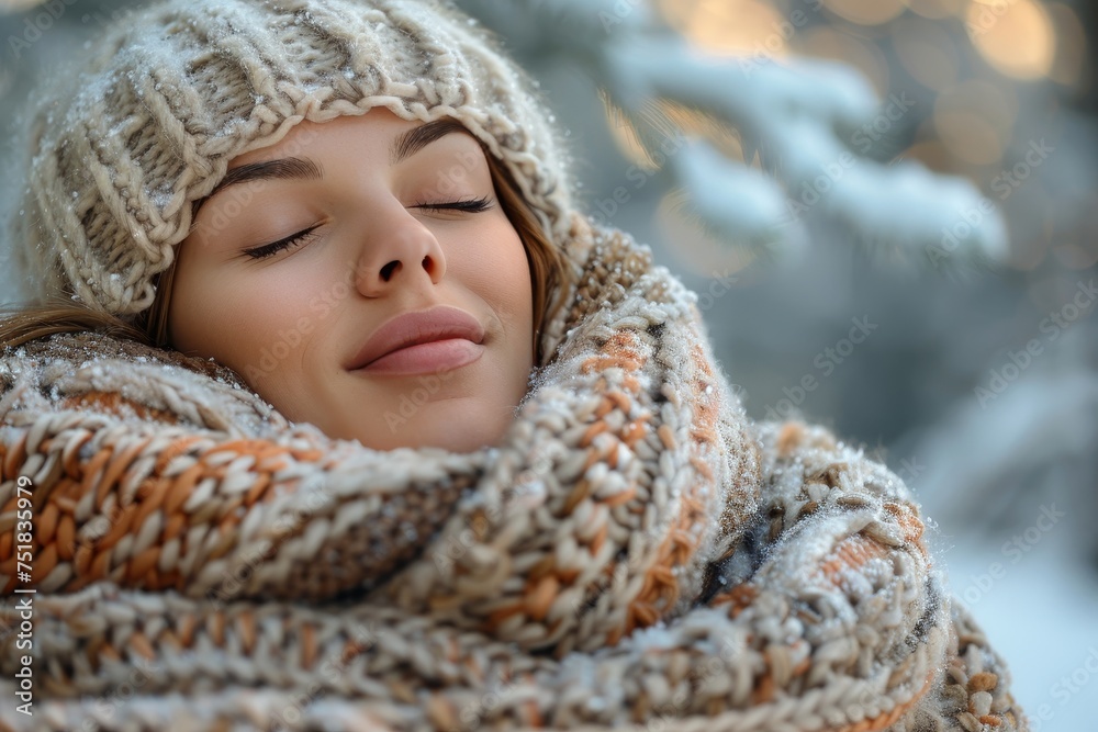 Close-up of a woman, eyes closed, enjoying warmth wrapped in a large, cozy scarf and winter hat Close-up of a woman, eyes closed, enjoying warmth wrapped in a large, cozy scarf and winter hat