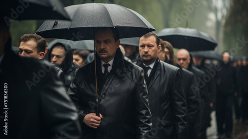 Funeral of a mafia boss. Russian mafia. Winter. Sad faces. Mourning. People dressed in black 
