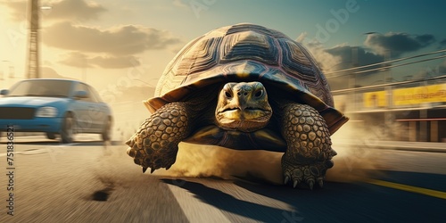 Super fast turtle running at high speed on the street between cars in strategy and innovation concept