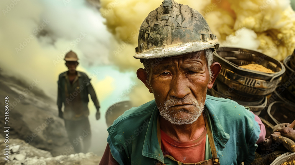 Fototapeta premium Portrait of a sulfur miner. Sulfur mining.