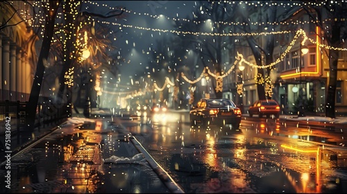 City Street at Night in the Rain