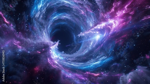 Futuristic Spaceship Traveling Through a Neon Blue Wormhole in Outer Space photo