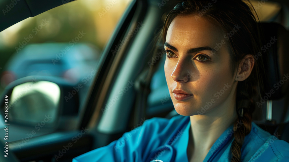 Serene Healthcare Professional at Dusk, Female nurse going home from work, Serene Healthcare Professional at Dusk, Female nurse going home from work,