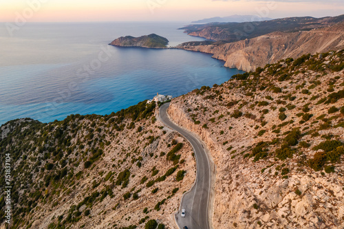 Aerial view of the beautiful Kefalonia island sea coast, Ionian sea, Greece