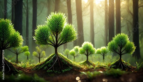 small trees with green leaves natural growth and sunlight the concept of agriculture and sustainable plant growth