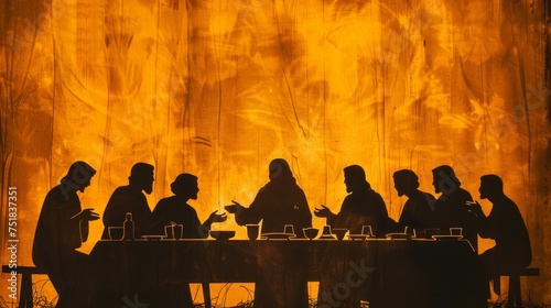 Silhouette of Jesus Christ at the Last Supper, with disciples around a table, in a humble setting. photo