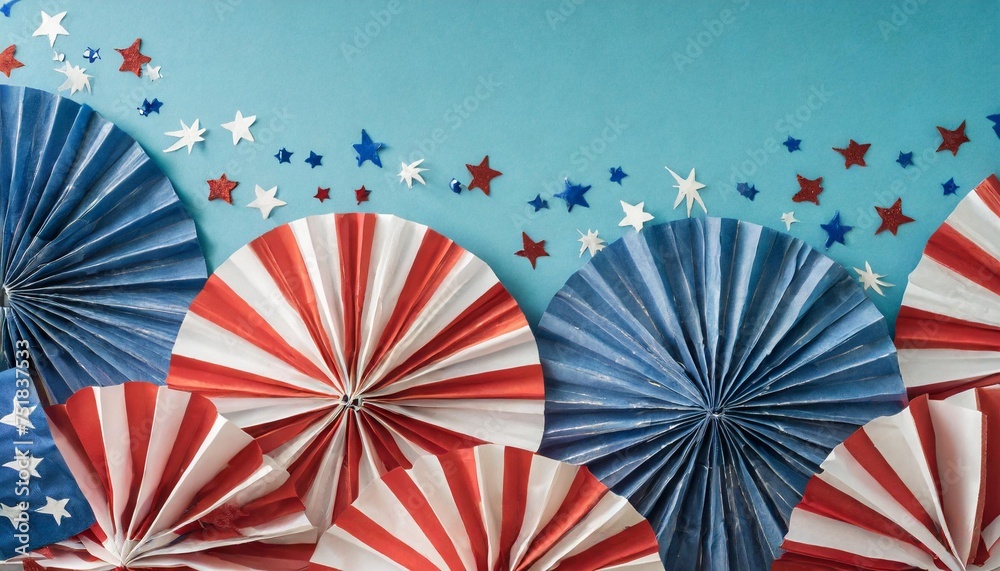 concept of a july 4th celebration event top view flat lay of patriotic folding fans blue red white stars on blue background with empty space for text or advert