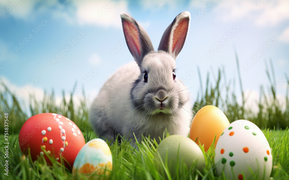 Cute rabbit with fancy Easter Eggs on grass,