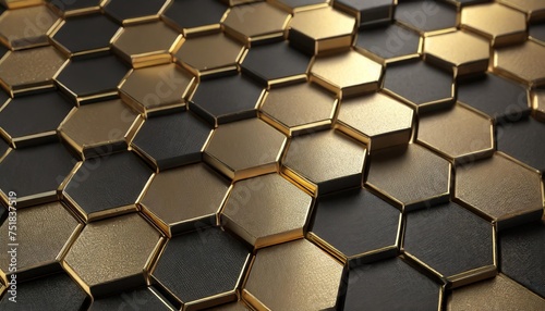 hexagon background in gold and black colors 3d render