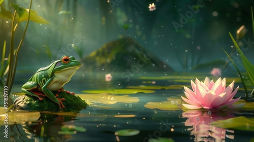 frog sitting on a water lily in a pond.