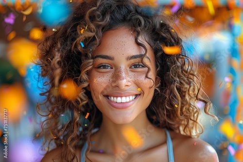 A smiling young woman with freckles and curly hair surrounded by colorful confetti in a bokeh background © Pinklife