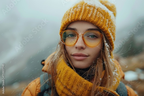 A stylish young woman wearing a yellow beanie and scarf with glasses in a snowy environment photo