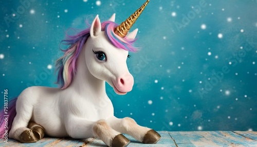 cute little unicorn sits and looks ahead on a blue background illustration