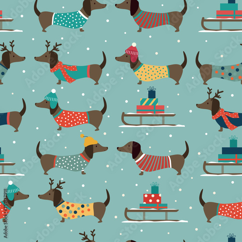 Christmas seamless pattern with dogs on blue background. 