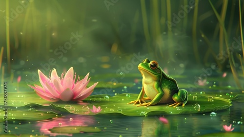 frog sitting on a water lily in a pond. © Yahor Shylau 