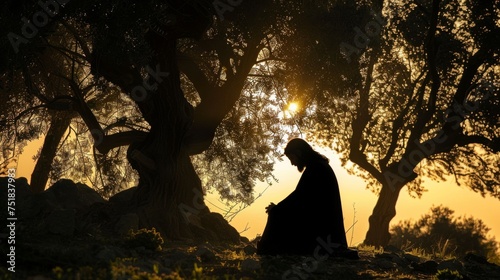 Silhouette of Jesus Christ in the Garden of Gethsemane, in deep prayer, with olive trees around.. photo
