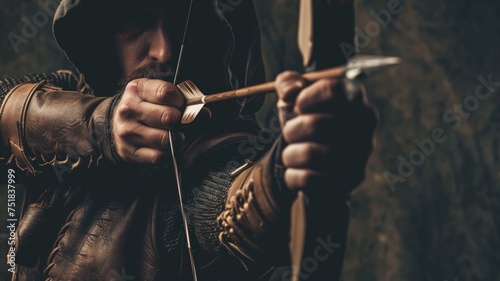 A hooded archer aiming an arrow, cloaked in shadow photo