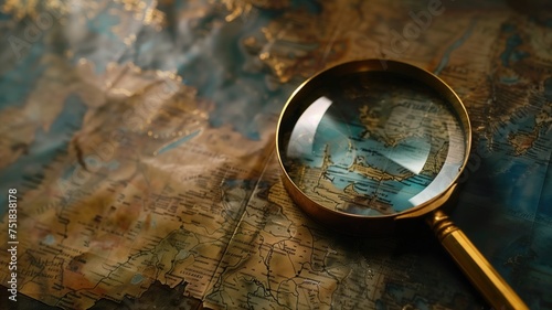 Vintage map under a magnifying glass, highlighting exploration and discovery