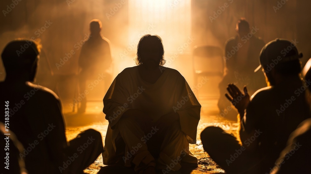 Silhouette of Jesus Christ mediating a session for peace among rival gang members. - obrazy, fototapety, plakaty 