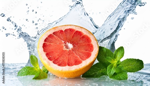 water splash on grapefruit with mint isolated on white