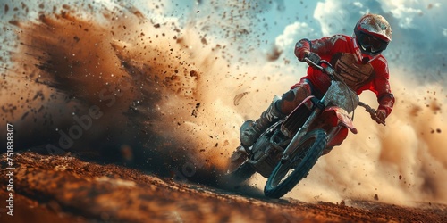 A speedway biker on a track is making a lot of dust photo