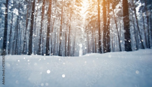 low angle winter forest landscape blurry background with snow trees and snowfall © Deanne