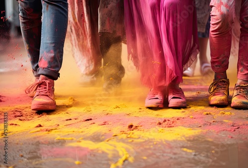 Colorful holi powder splashing on feet of people during Holi festival