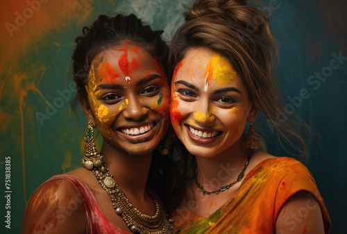 Two young indian girls with faces painted with different colors of paint