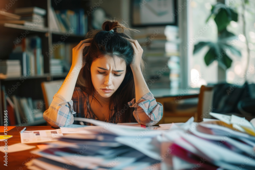 Stressed Woman Surrounded by Messy Documents Stressed Woman Surrounded by Messy Documents