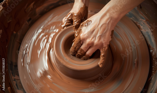 artisan hands crafting pottery on wheel with wet clay in creative studio photo