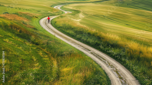 Winding rural path through vibrant green rolling hills