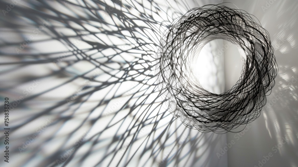 Intricate black thread structure casting shadows on a white wall