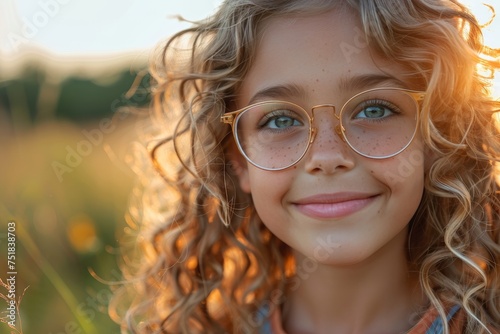 Enchanting young girl with curly blonde hair and glasses outdoors with sunset light