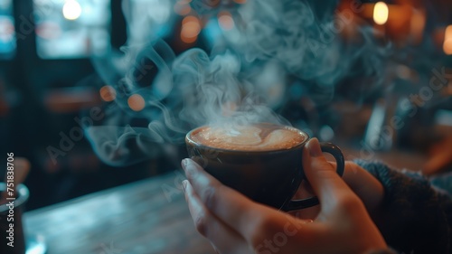Person holding a steaming cup of coffee in cozy, ambient light