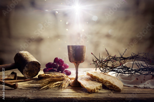 Last Supper Of Jesus With Passion Objects - Communion And Calvary - Holy Grail And Bread With Crown Of Thorns