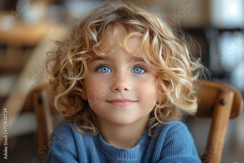 Adorable curly haired child wearing a blue sweater indoors, giving a heartwarming smile