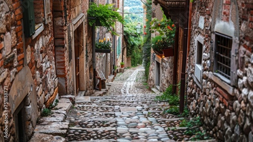 Quaint cobblestone alley in historic European town background