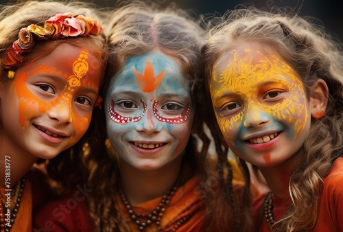 Portrait of group of children with face painting at the festival of Holi