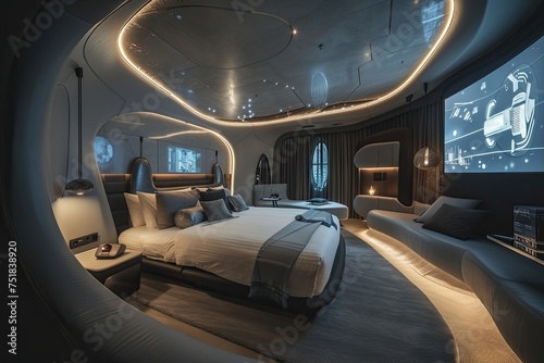 A futuristic hotel bedroom with dynamic LED lighting, a holographic entertainment system, 