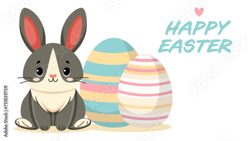 Bunny sitting near Easter eggs. Happy Easter Celebration.Traditional design element for Christian holiday. Flat vector illustration isolated on white background for banner, card, website, poster. 