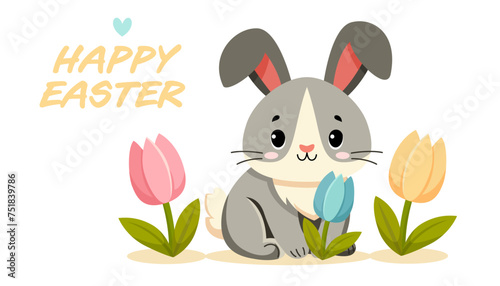 Bunny sitting near flowers. Happy Easter Celebration.Traditional design element for Christian holiday. Flat vector illustration isolated on white background for banner, card, website, poster.