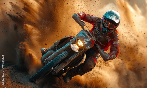 A speedway biker on a track is making a lot of dust