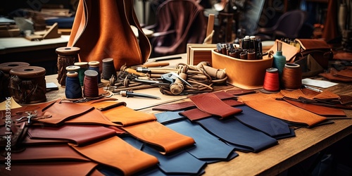 leather craft or leather goods making. work bench of a leather smith.