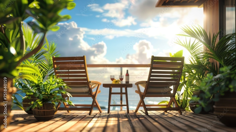 Wooden chairs with soft cushions on a cozy balcony of a resort house or hotel overlooking the sea. In the center there is a small table with wine and fruit