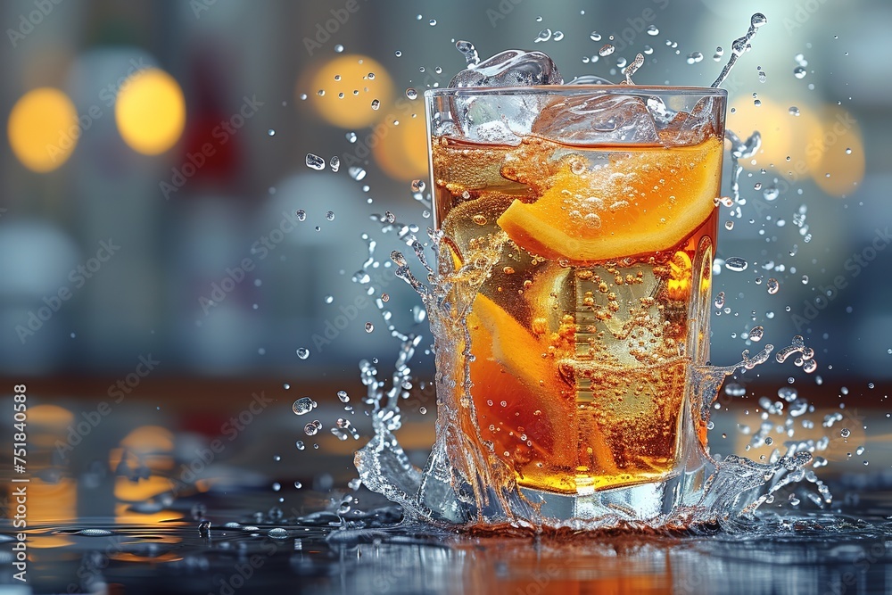 Glass of cola drink on bar counter with ice cubes and splash