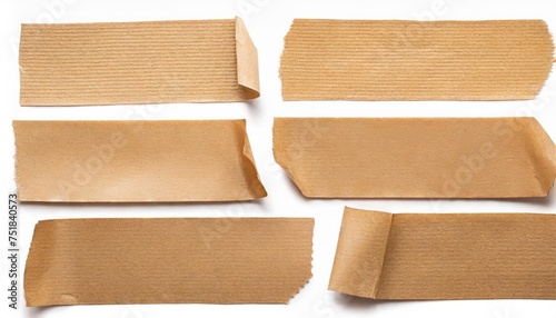 four pieces strips of brown textured adhesive kraft paper tape attach something or use as labels and add some text isolated design element