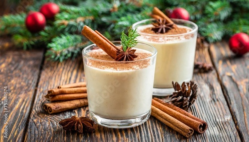 traditional christmas drinks cocktail eggnog with cinnamon in glass on wooden table