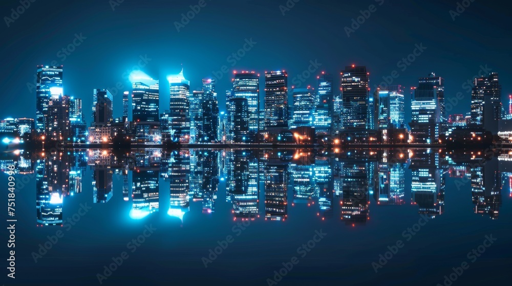 Shimmering city skyline at night with reflections in water