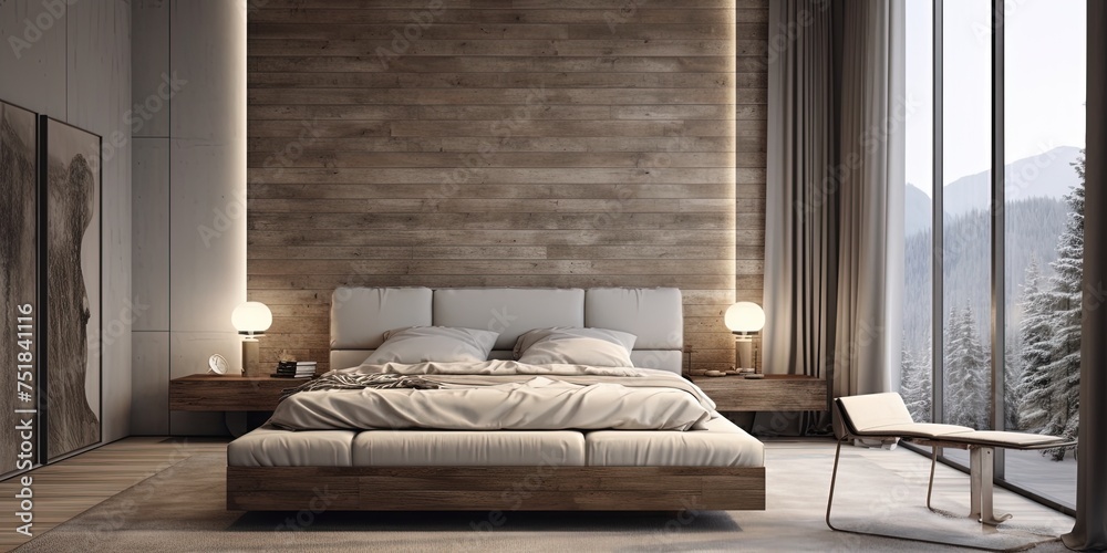 Obraz premium Contemporary bedroom combining modern design with rustic wooden touches and a captivating artistic wall panel